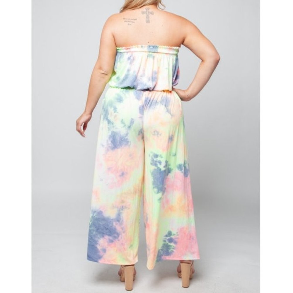 Plus Size Neon Tie Dye Cropped Wide Leg Jumpsuit - Picture 2 of 6